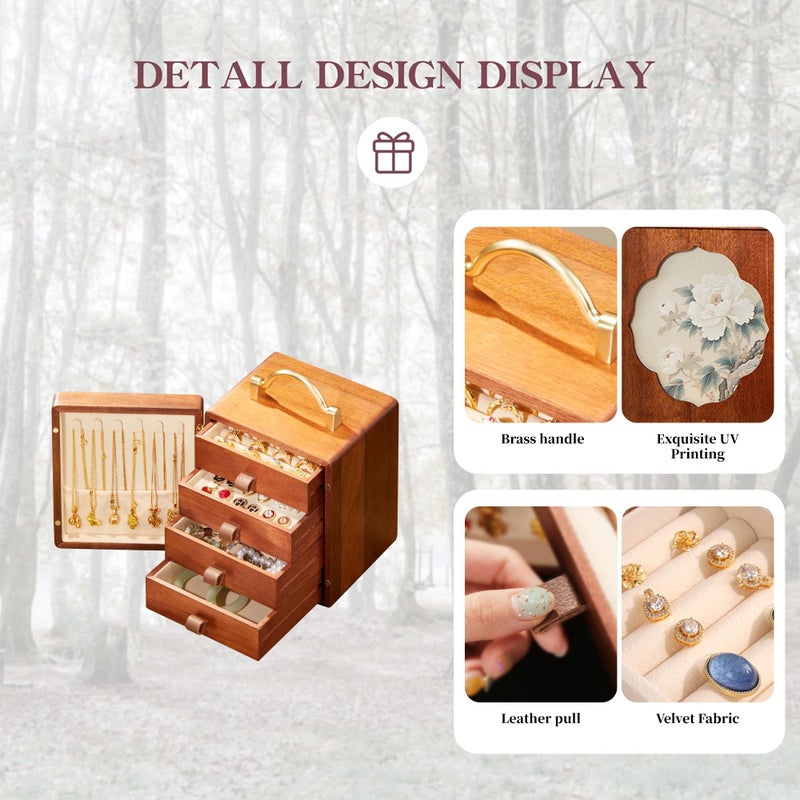 KAOTGOT Wooden Jewelry Box for Women Walnut Wooden Jewelry Box with handle 4-Tier Jewelry Organizer for Rings, Necklaces - Image 3