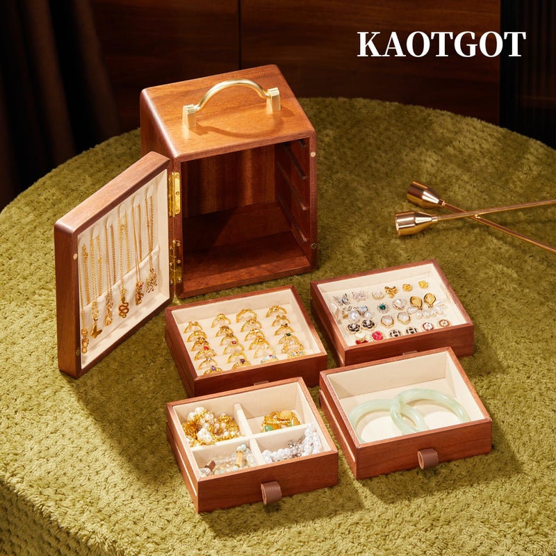 KAOTGOT Wooden Jewelry Box for Women Walnut Wooden Jewelry Box with handle 4-Tier Jewelry Organizer for Rings, Necklaces - Image 4