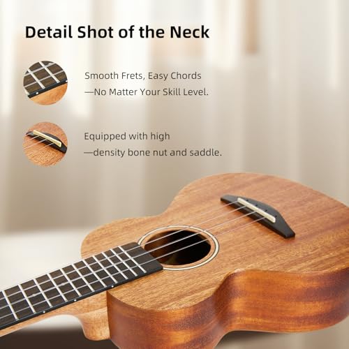 TOM 23" Solid Top Mahogany Concert Ukulele – Ukelele Beginner Kit Includes Quick Locking Ukulele Strap for Professional, Beginners, Adults & Kids, Deep Resonance with D’Addario Strings (AM5-Concert) - Image 4