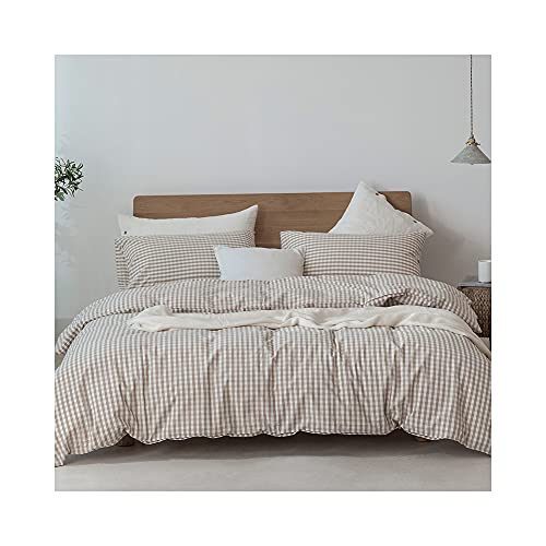 F.Y.Dreams 100% Washed Cotton Duvet Cover for Weighted Blanket 60x80 inches with 8 Ties, Zipper on Long Side/Khaki and White Grid/Just Duvet Cover - Image 1