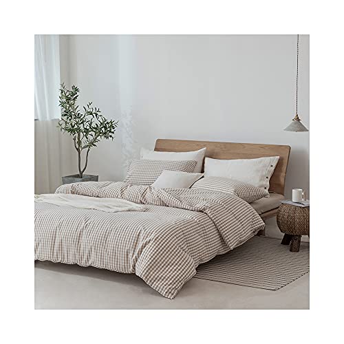 F.Y.Dreams 100% Washed Cotton Duvet Cover for Weighted Blanket 60x80 inches with 8 Ties, Zipper on Long Side/Khaki and White Grid/Just Duvet Cover - Image 4