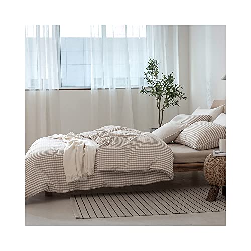 F.Y.Dreams 100% Washed Cotton Duvet Cover for Weighted Blanket 60x80 inches with 8 Ties, Zipper on Long Side/Khaki and White Grid/Just Duvet Cover - Image 5