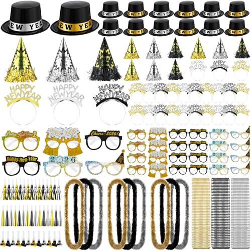 JellyArch 204 Pcs 2026 New Years Eve Party Supplies for 50 Guests Includes Top Hats Cone Hats Tiaras Glasses Horns Squawkers Blowouts Bead Necklaces Lei Necklace Happy New Year Party Favors - Image 1