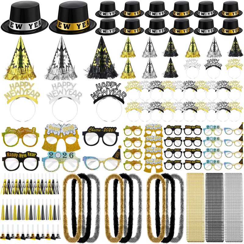 JellyArch 204 Pcs 2026 New Years Eve Party Supplies for 50 Guests Includes Top Hats Cone Hats Tiaras Glasses Horns Squawkers Blowouts Bead Necklaces Lei Necklace Happy New Year Party Favors - Image 3