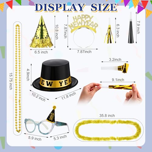 JellyArch 204 Pcs 2026 New Years Eve Party Supplies for 50 Guests Includes Top Hats Cone Hats Tiaras Glasses Horns Squawkers Blowouts Bead Necklaces Lei Necklace Happy New Year Party Favors - Image 5