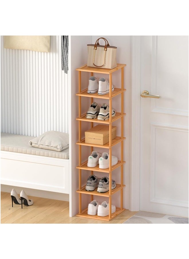 L&E Bamboo Free Standing Shoe Rack Shelf, 7 Tier Tall Wooden Stackable Shoes Rack Organizer for Front Door Entrance, Narrow Vertical Shoe Storage Rack for Small Space Corner Stand  - Image 1