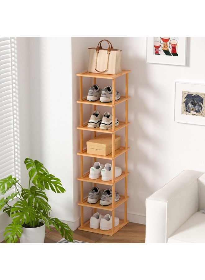 L&E Bamboo Free Standing Shoe Rack Shelf, 7 Tier Tall Wooden Stackable Shoes Rack Organizer for Front Door Entrance, Narrow Vertical Shoe Storage Rack for Small Space Corner Stand  - Image 5