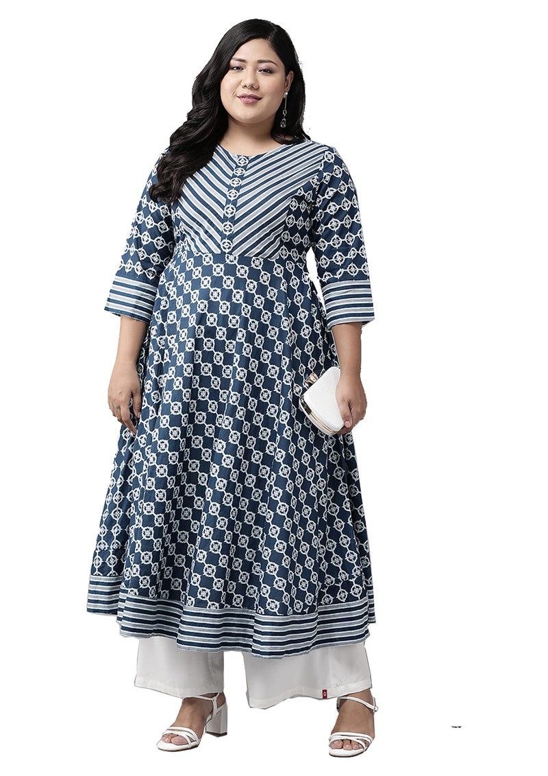 Yash Gallery Women's Plus Size Cotton Floral Printed Anarkali Kurta for Women (Blue, 8XL) - Image 1