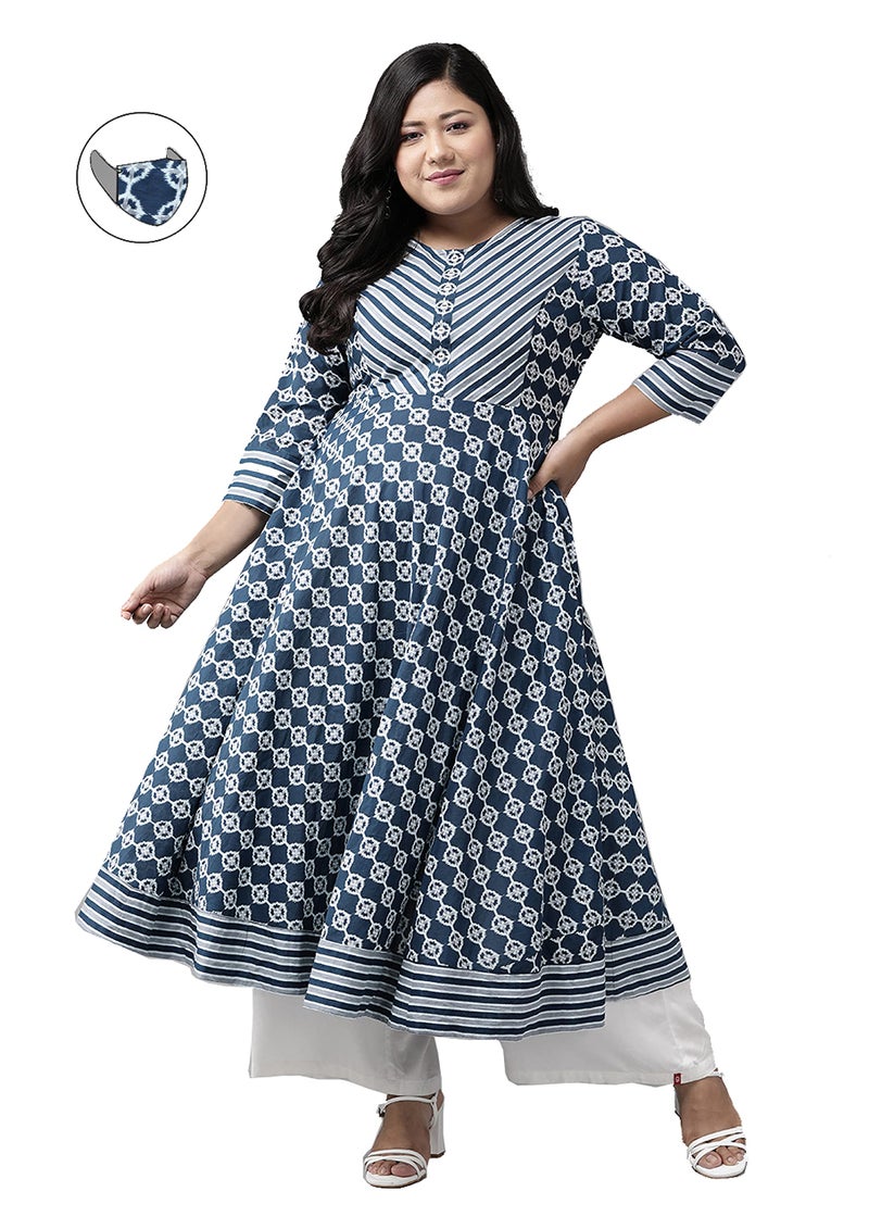 Yash Gallery Women's Plus Size Cotton Floral Printed Anarkali Kurta for Women (Blue, 8XL) - Image 2