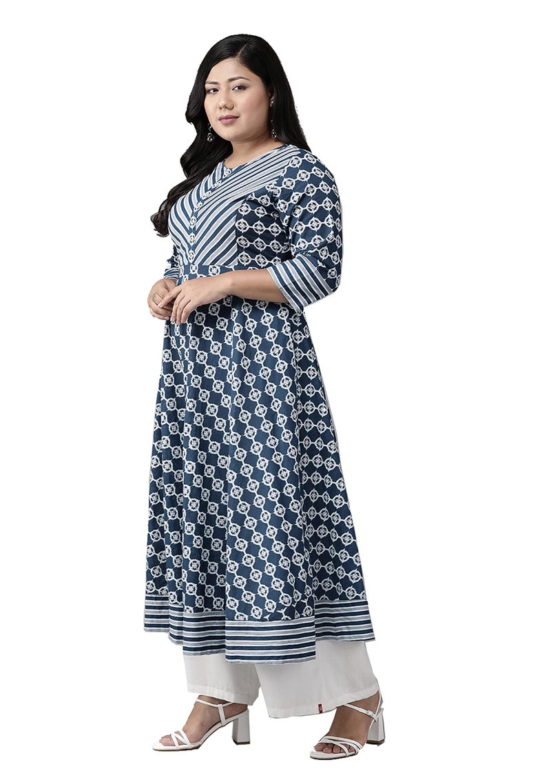 Yash Gallery Women's Plus Size Cotton Floral Printed Anarkali Kurta for Women (Blue, 8XL) - Image 3