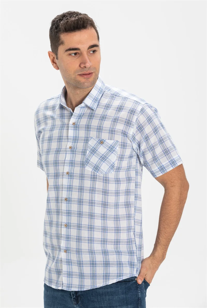 Eliş Şile Bezi Short Sleeve Şile Cloth Single Pocket Men's Shirt Light Blue Plaid 3066