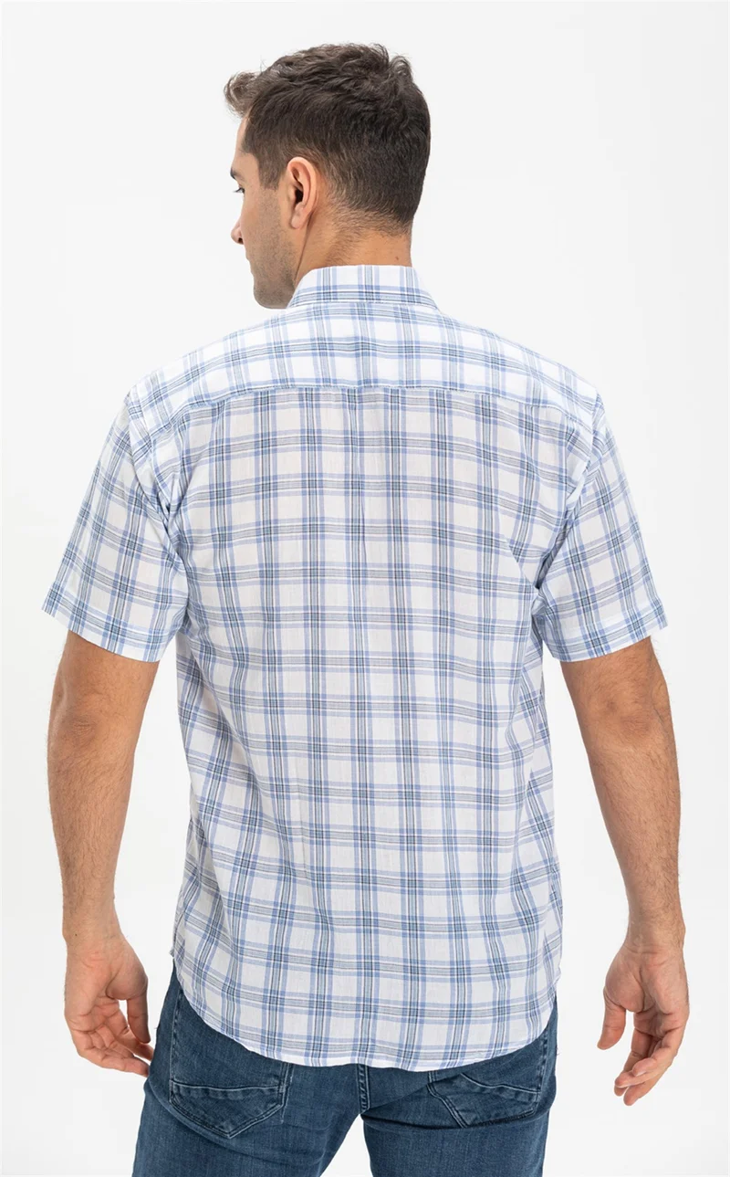 Eliş Şile Bezi Short Sleeve Şile Cloth Single Pocket Men's Shirt Light Blue Plaid 3066