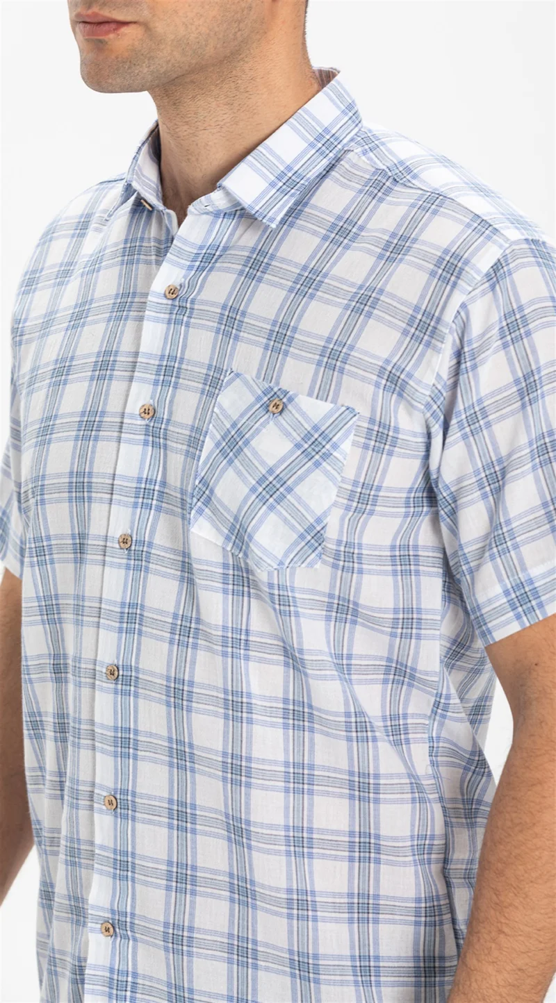 Eliş Şile Bezi Short Sleeve Şile Cloth Single Pocket Men's Shirt Light Blue Plaid 3066