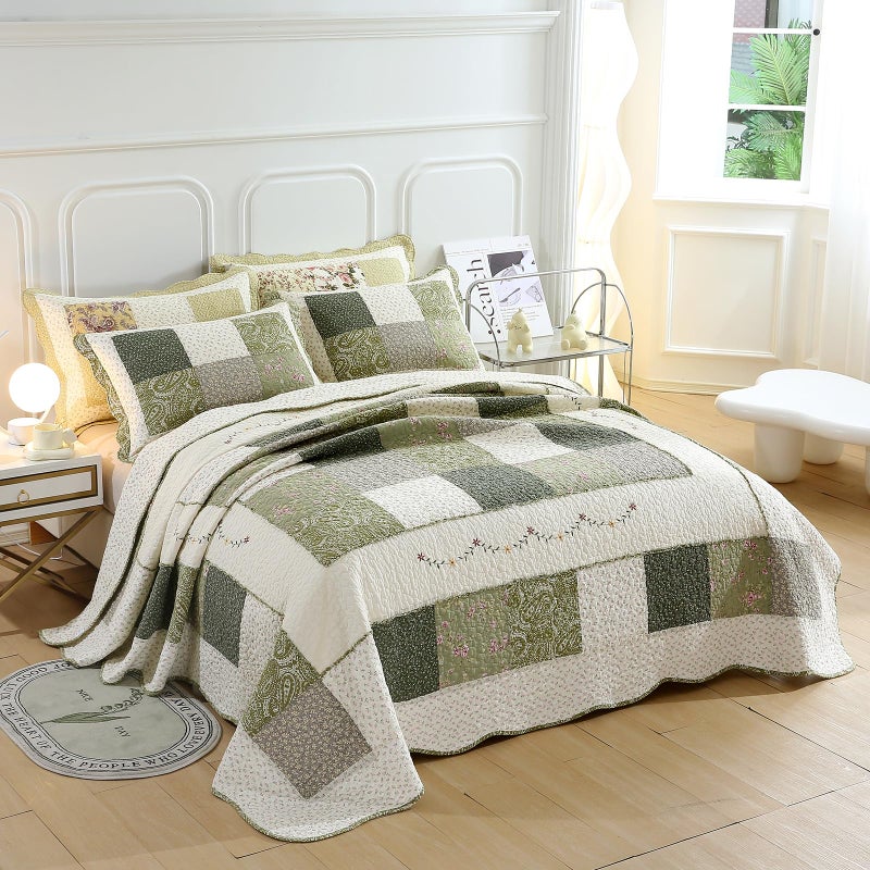 vctops Farmhouse Green 3 Piece Patchwork Quilted Set Floral Embroidery Cotton Bedding Set Lightweight Reversible Bedspread Coverlet 1 Quilt + 2 Pillow Shams (Green Floral,91"x98") - Image 3