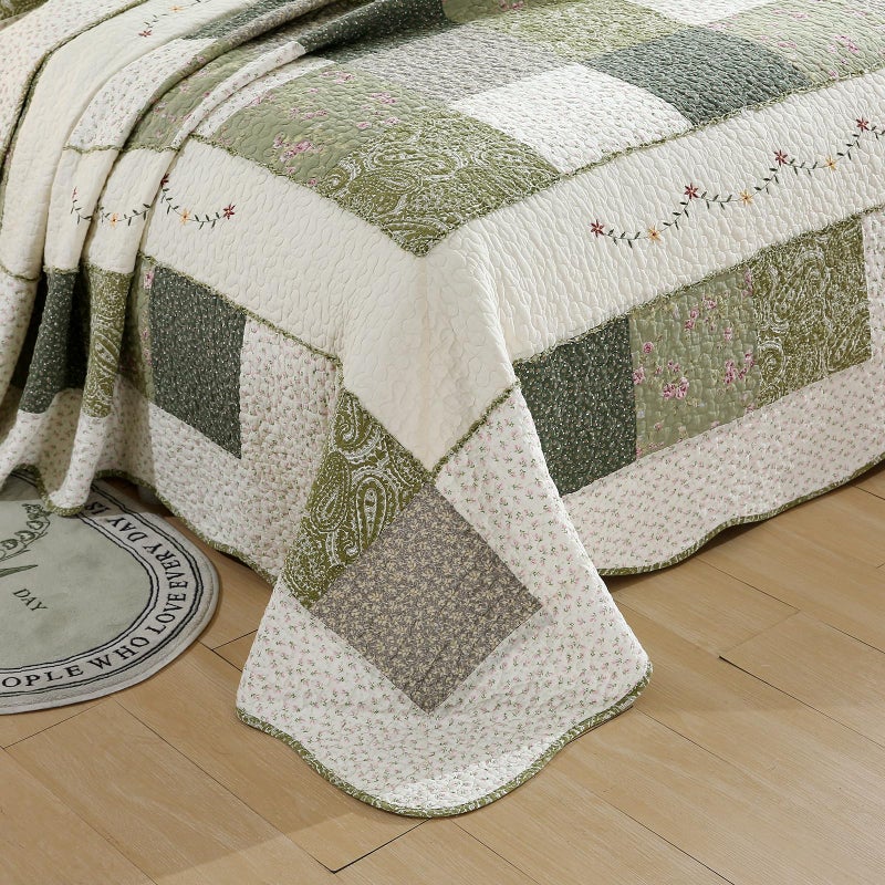 vctops Farmhouse Green 3 Piece Patchwork Quilted Set Floral Embroidery Cotton Bedding Set Lightweight Reversible Bedspread Coverlet 1 Quilt + 2 Pillow Shams (Green Floral,91"x98") - Image 5