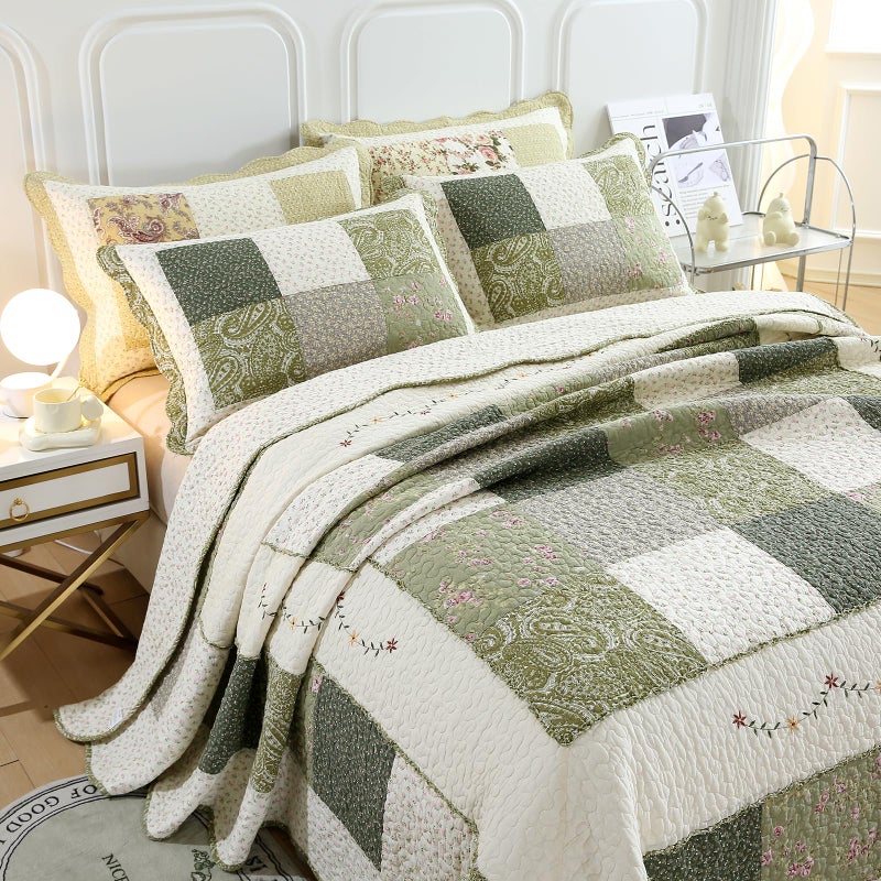 vctops Farmhouse Green 3 Piece Patchwork Quilted Set Floral Embroidery Cotton Bedding Set Lightweight Reversible Bedspread Coverlet 1 Quilt + 2 Pillow Shams (Green Floral,91"x98") - Image 4