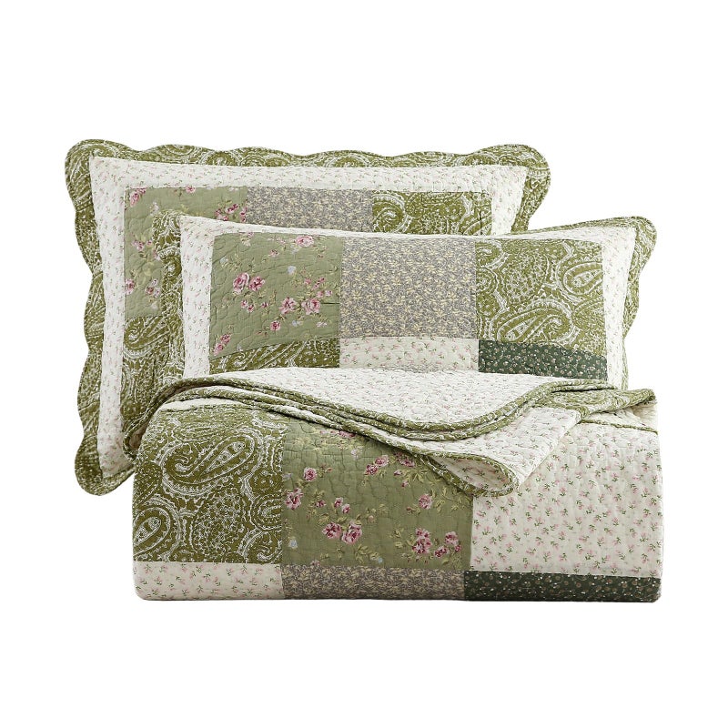 vctops Farmhouse Green 3 Piece Patchwork Quilted Set Floral Embroidery Cotton Bedding Set Lightweight Reversible Bedspread Coverlet 1 Quilt + 2 Pillow Shams (Green Floral,91"x98") - Image 1