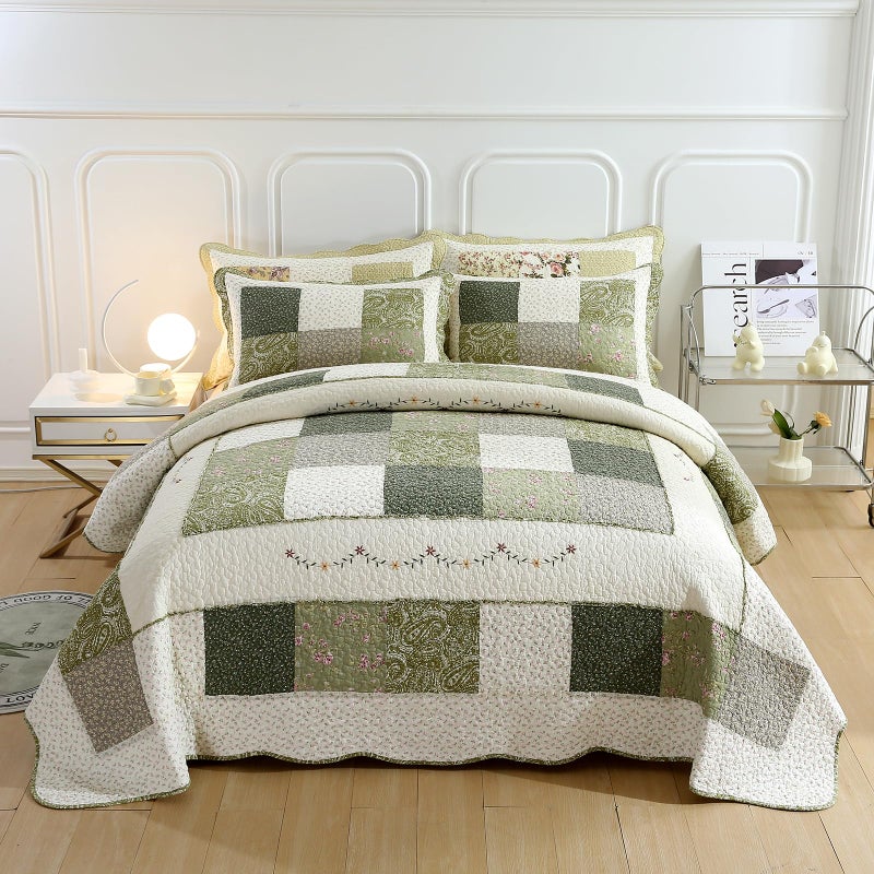 vctops Farmhouse Green 3 Piece Patchwork Quilted Set Floral Embroidery Cotton Bedding Set Lightweight Reversible Bedspread Coverlet 1 Quilt + 2 Pillow Shams (Green Floral,91"x98") - Image 2