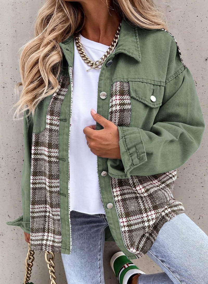 Shein SHEWIN Jean Jacket Women Early Fall Fashion Oversized Denim Jacket Casual Long Sleeve Fall Outfits for Women 2025 Winter Jackets Green Small - Image 3