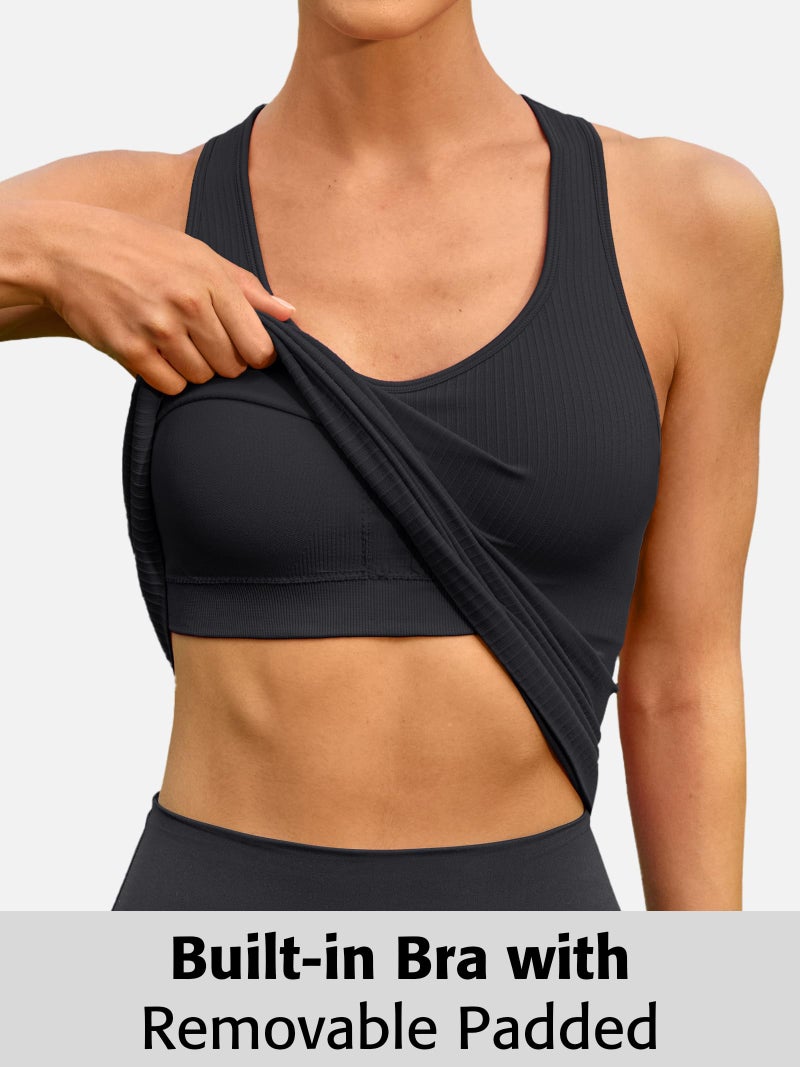 ATTRACO Sports Bra Tank Top Yoga Built-in Bra Top Workout Tank Hip Length Athletic Gym Top Black L - Image 4