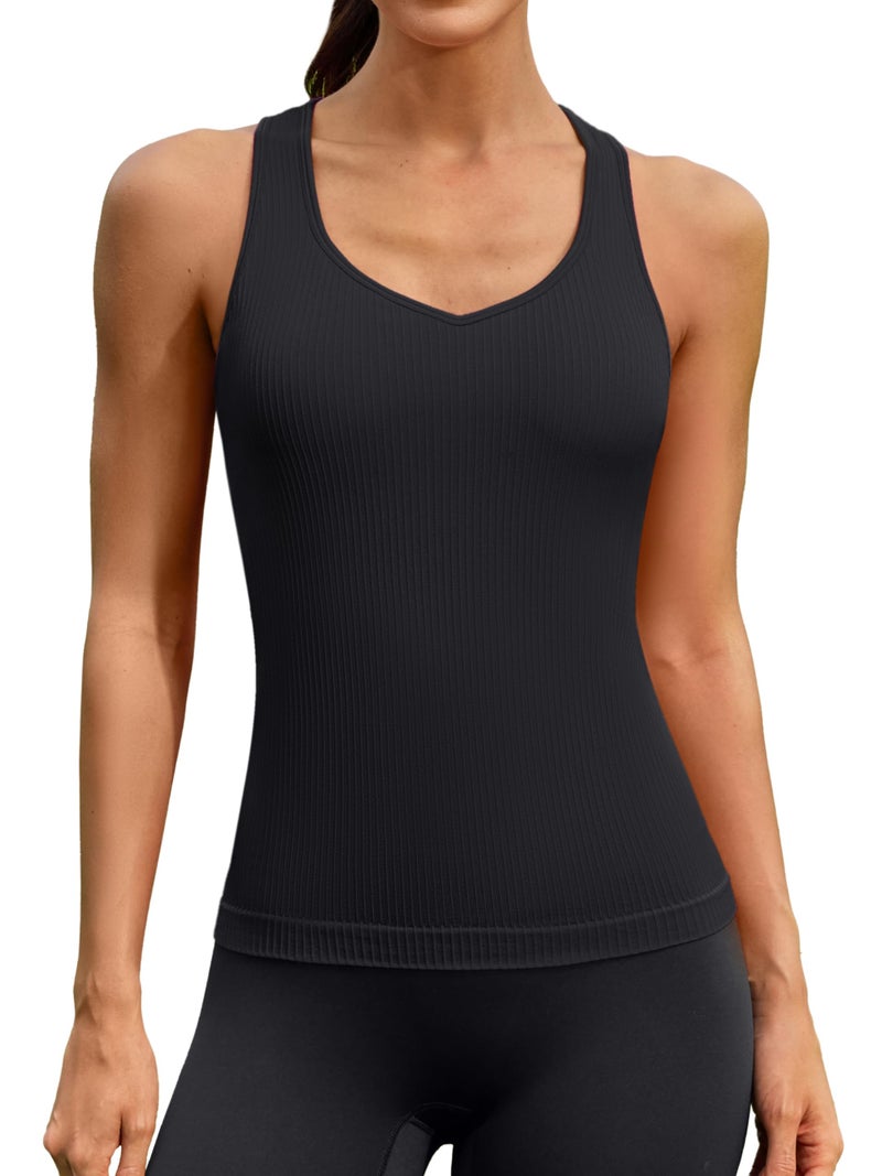 ATTRACO Sports Bra Tank Top Yoga Built-in Bra Top Workout Tank Hip Length Athletic Gym Top Black L - Image 1