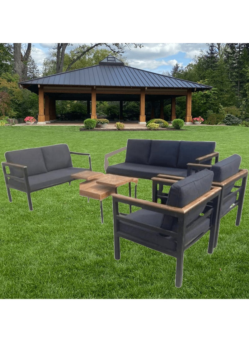 Generic - Mardod Saudi Outdoor Seating Set Made of Iron with Natural European Wood Consisting of a Three-Seater Sofa + a Two-Seater Sofa + 2 Chairs + a Center Table + 2 Side Tables - Color: Black Iron / Gray Fabric - Model: MS_SET_MTL_00023 - Image 1