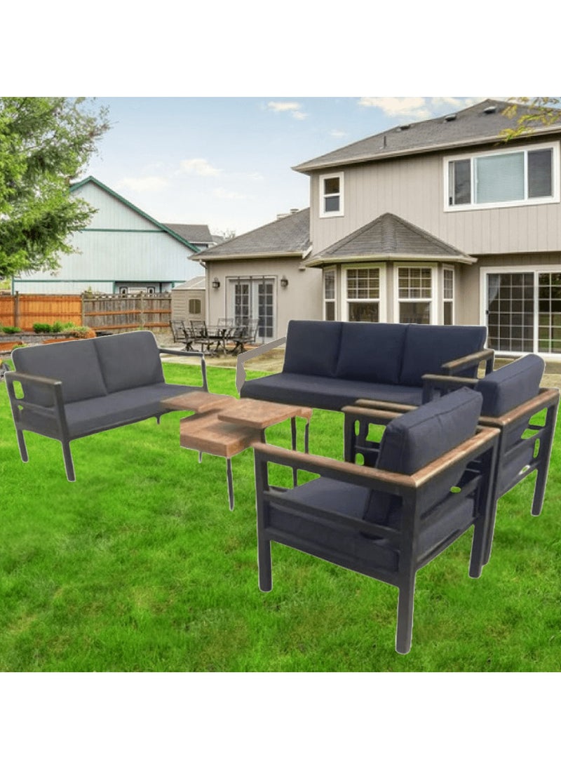 Generic - Mardod Saudi Outdoor Seating Set Made of Iron with Natural European Wood Consisting of a Three-Seater Sofa + a Two-Seater Sofa + 2 Chairs + a Center Table + 2 Side Tables - Color: Black Iron / Gray Fabric - Model: MS_SET_MTL_00023 - Image 1