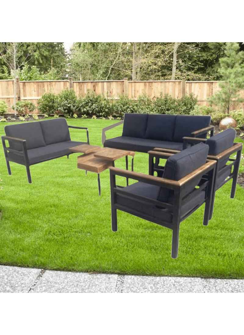 Generic - Mardod Saudi Outdoor Seating Set Made of Iron with Natural European Wood Consisting of a Three-Seater Sofa + a Two-Seater Sofa + 2 Chairs + a Center Table + 2 Side Tables - Color: Black Iron / Gray Fabric - Model: MS_SET_MTL_00023 - Image 1