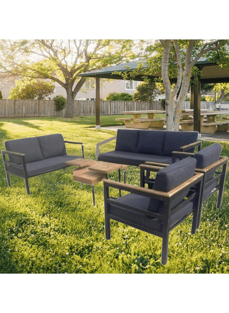 Generic - Mardod Saudi Outdoor Seating Set Made of Iron with Natural European Wood Consisting of a Three-Seater Sofa + a Two-Seater Sofa + 2 Chairs + a Center Table + 2 Side Tables - Color: Black Iron / Gray Fabric - Model: MS_SET_MTL_00023 - Image 1