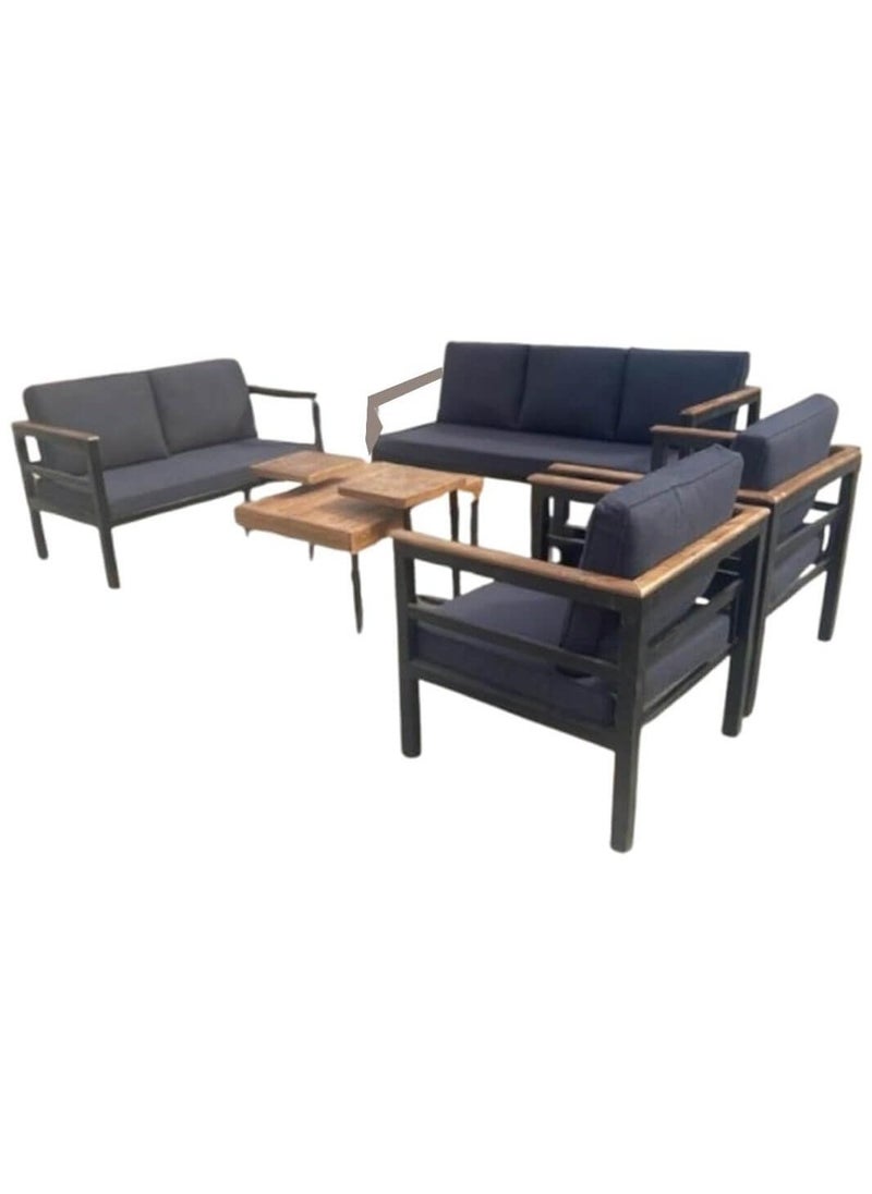 Generic - Mardod Saudi Outdoor Seating Set Made of Iron with Natural European Wood Consisting of a Three-Seater Sofa + a Two-Seater Sofa + 2 Chairs + a Center Table + 2 Side Tables - Color: Black Iron / Gray Fabric - Model: MS_SET_MTL_00023 - Image 1