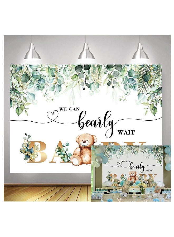 Bear Baby Shower Backdrop We Can Bearly Wait Photography Background Eucalyptus Leaves Watercolor Floral Cake Table Decoration Birthday Party Background - Image 1