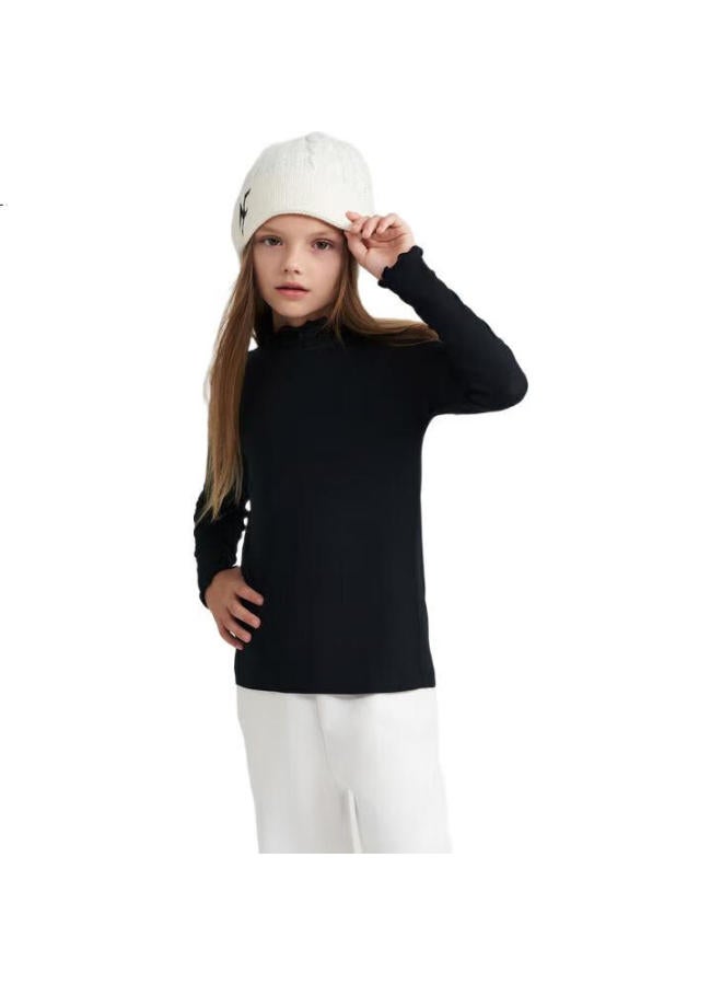 Aimer kids تي شيرت بنات أطفال من إيمر، خريف وشتاء، طبقة أساسية رقيقة من جلد الحليب، ياقة قابلة للطي، أسود، مقاس 170 - Image 3
