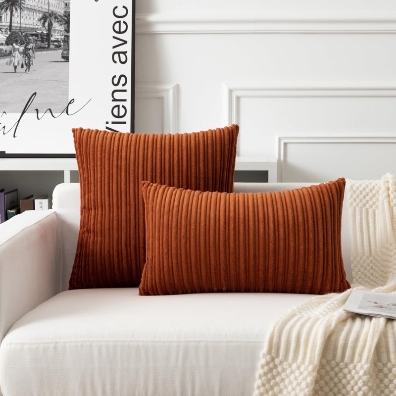 UGS UGASA UGASA Fall Velvet 12x20 Inch Lumbar Soft Throw Pillow Cover Boho Farmhouse Decorative Corduroy Striped Both Sides Solid Rectangular Cushion Case for Couch Bedroom Sofa Home, 1 Piece, Burnt Orange - Image 3