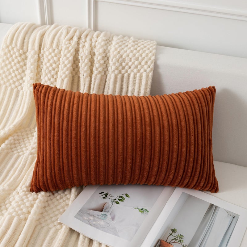 UGS UGASA UGASA Fall Velvet 12x20 Inch Lumbar Soft Throw Pillow Cover Boho Farmhouse Decorative Corduroy Striped Both Sides Solid Rectangular Cushion Case for Couch Bedroom Sofa Home, 1 Piece, Burnt Orange - Image 2