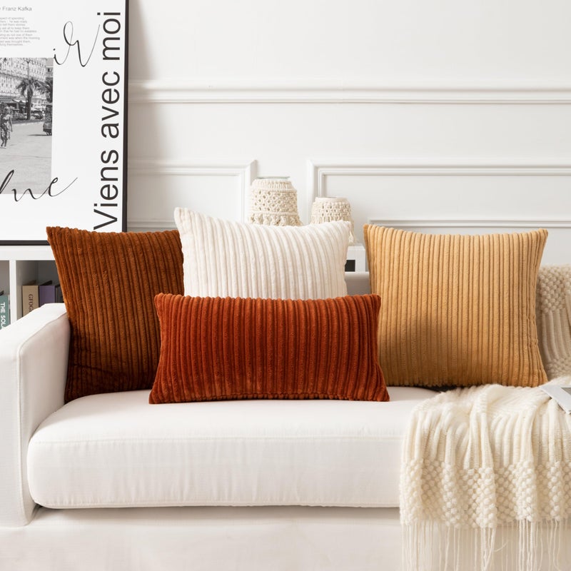 UGS UGASA UGASA Fall Velvet 12x20 Inch Lumbar Soft Throw Pillow Cover Boho Farmhouse Decorative Corduroy Striped Both Sides Solid Rectangular Cushion Case for Couch Bedroom Sofa Home, 1 Piece, Burnt Orange - Image 5