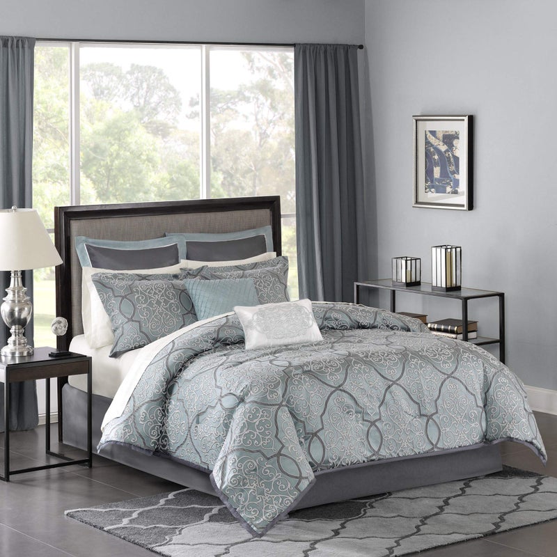 madison park Madison Park Lavine Cozy Bed in a Bag Comforter Set Traditional Luxe Jacquard Design All Season Down Alternative Bedding with Cotton Bed Sheets Bed Skirt  Pillows Queen Blue 12 Piece 
