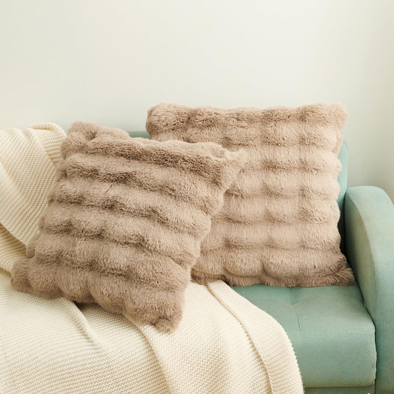 HYSEAS Faux Rabbit Fur Throw Pillow Covers 18"" x 18""  Taupe  Set of 2 Soft Comfortable Fluffy Cozy Elegant Decorative Pillow Covers  Home D?cor Ideal for Bedrooms  Sofas  Recliners  and RVs - Image 1