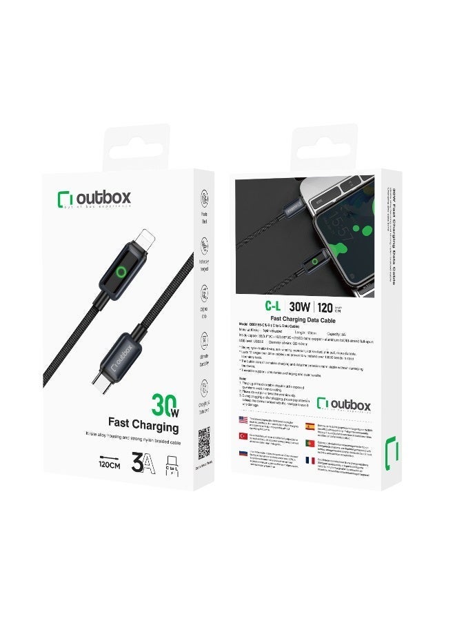 أوت بوكس كابل شحن سريع USB-C إلى Lightning بقوة 30 واط و3 أمبير مع شاشة رقمية – سلك مجدول متين بطول 1.2 متر – أسود - Image 3