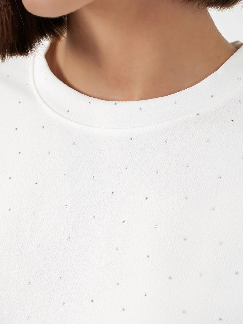 Big Dart White BDART Stone Detailed Crew Neck T-Shirt for Women | Best Price UAE