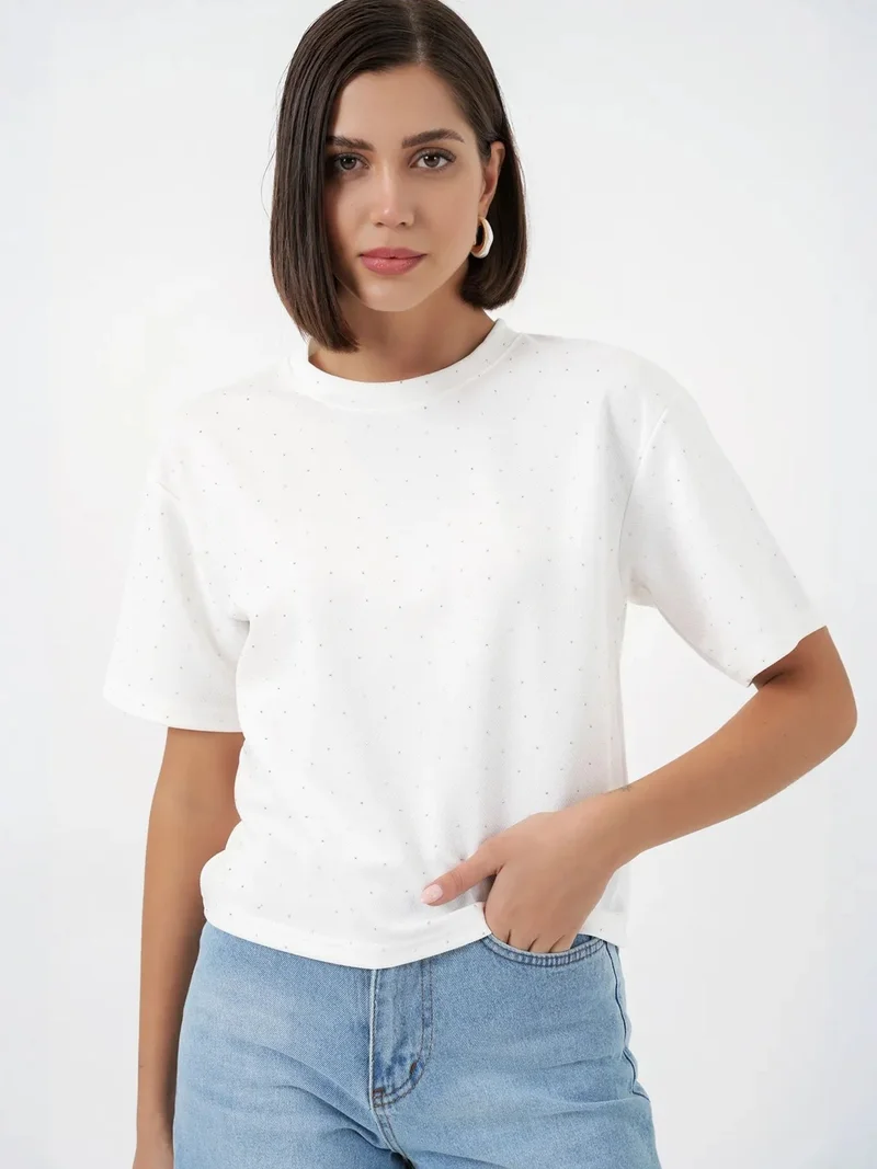 Big Dart White BDART Stone Detailed Crew Neck T-Shirt for Women | Best Price UAE
