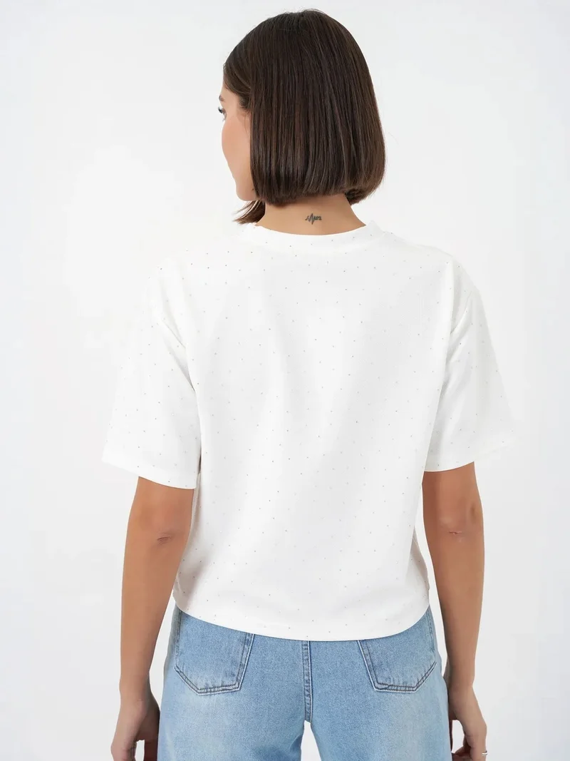 Big Dart White BDART Stone Detailed Crew Neck T-Shirt for Women | Best Price UAE