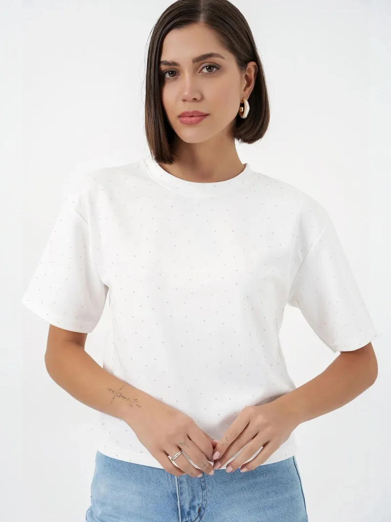 Big Dart White BDART Stone Detailed Crew Neck T-Shirt for Women | Best Price UAE