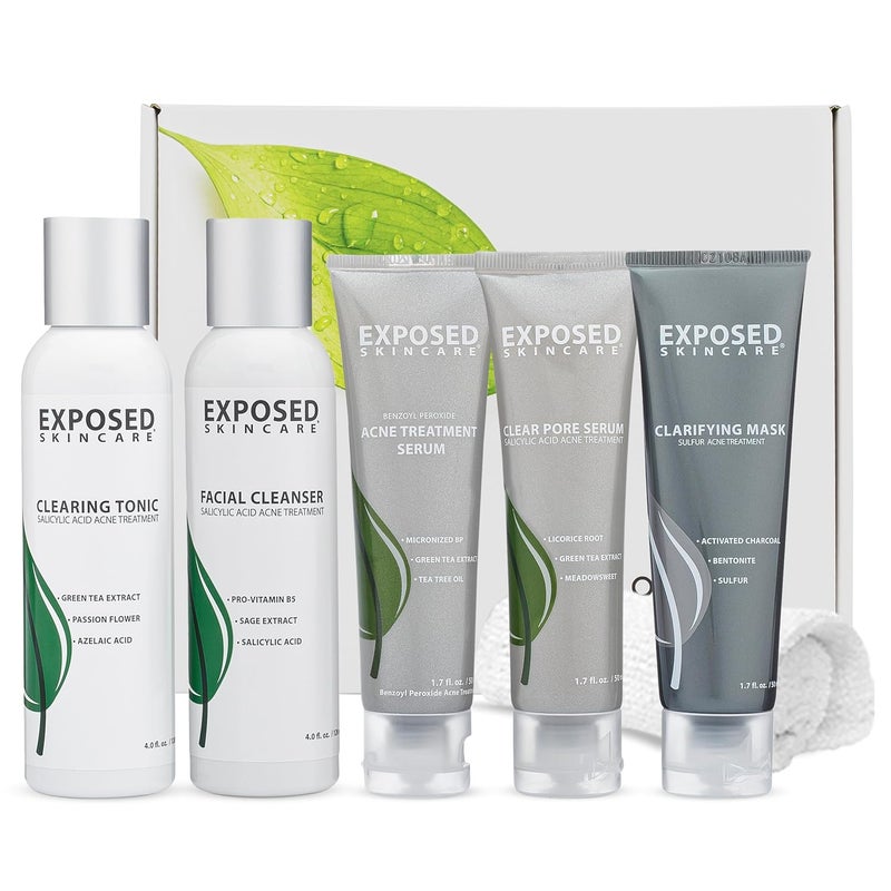 Exposed Skin Care Acne Treatment Kit  Includes Facial Cleanser Clearing Tonic Acne Treatment Serum Clear Pore Serum Clarifying Mask Cloth  Natural Acne Solution for Face All Ages  Skin Types