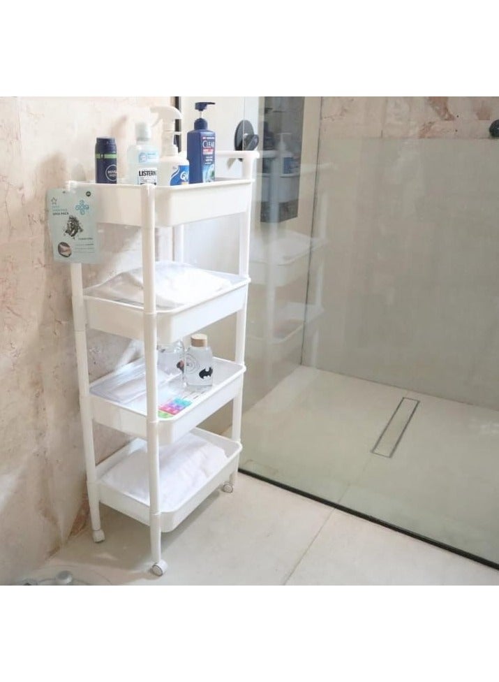 بلاستيكنا أرفف تخزين وتنظيم بلاستيك مستطيلة، 4 دور مع عجلات، لون أبيض - Image 1