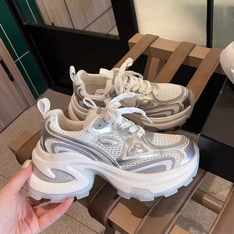 Silver Thick-Soled Mesh Dad Shoes Live Broadcast Popular New Lace-Up Inner Heightening Breathable Women'S Shoes - Image 3