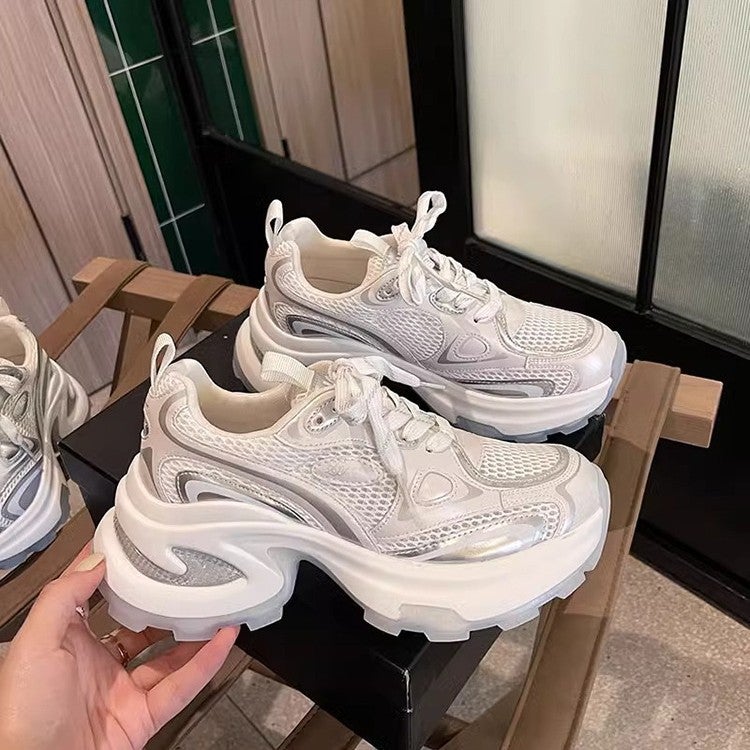 Silver Thick-Soled Mesh Dad Shoes Live Broadcast Popular New Lace-Up Inner Heightening Breathable Women'S Shoes - Image 5