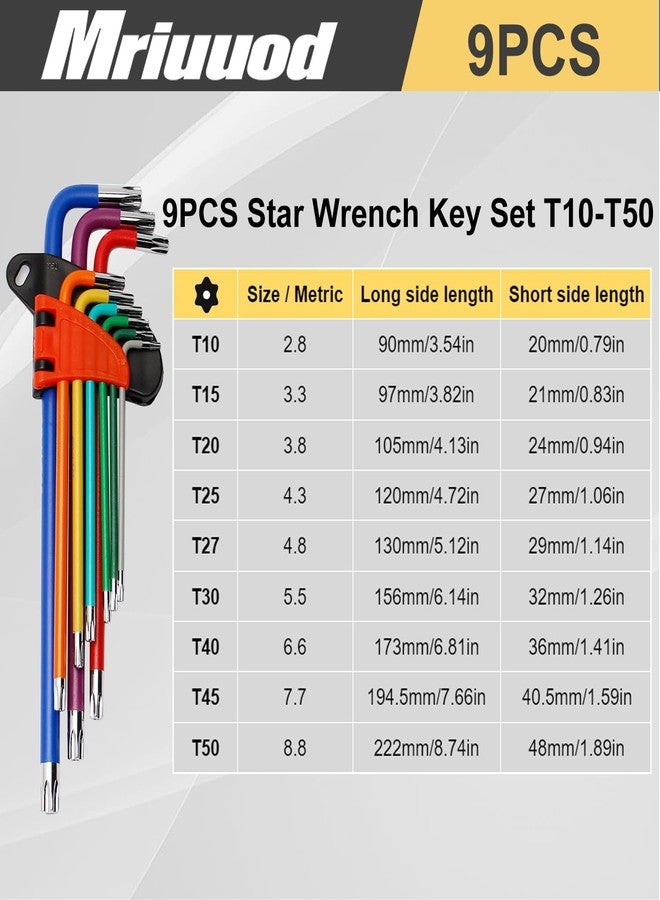 Mriuuod طقم مفاتيح توركس من ميريود، مكون من 9 قطع، طقم مفاتيح نجمة بذراع طويل متري T10-T50، طقم مفاتيح L مع حامل تخزين ملون لإصلاح الدراجات وتجميع الأثاث - Image 4