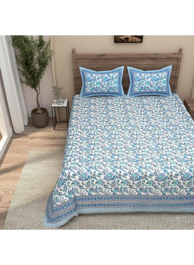 EasyGoods® 240 TC Cotton Bedsheet for Double Bed -Floral Blue, Ethnic24 Bedsheet King Size Bed Cotton, King Size Bedsheet, Double Bedsheet with 2 Pillow Covers 90x108 Inch, Handcrafted Bed Sheets - Image 2