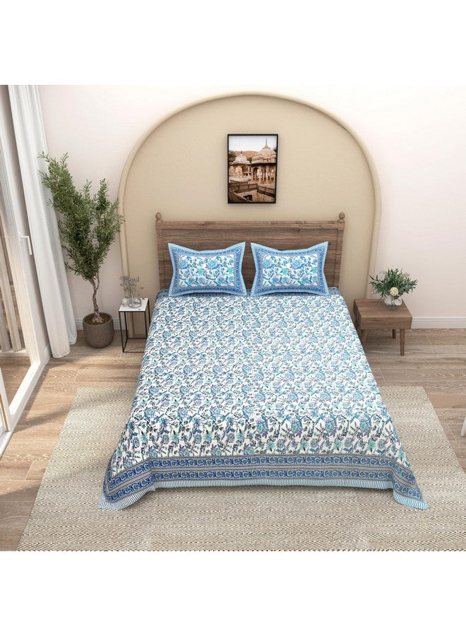 EasyGoods® 240 TC Cotton Bedsheet for Double Bed -Floral Blue, Ethnic24 Bedsheet King Size Bed Cotton, King Size Bedsheet, Double Bedsheet with 2 Pillow Covers 90x108 Inch, Handcrafted Bed Sheets - Image 1