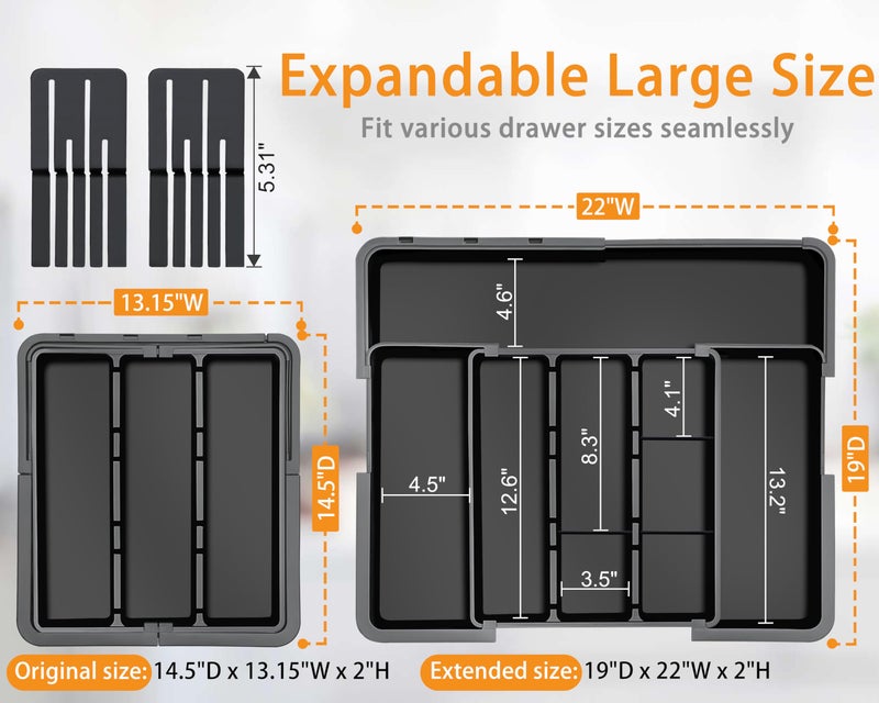 Homecor Large Utensil Drawer Organizer for Kitchen, Expandable Silverware Organizer Utensil Holder, Cutlery and Flatware Cooking Tray, Kitchen Drawer Organizers and Storage with Removable Knife Block, Black - Image 2